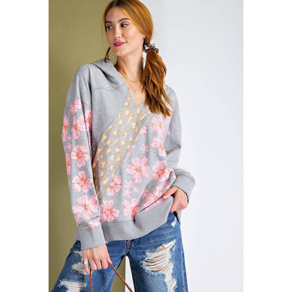 NEW EASEL mix print terry pullover hoodie in heather grey